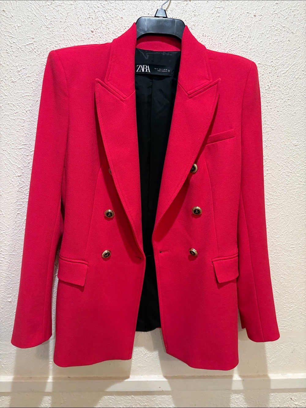 ZARA Double-Breasted Hot Pink Blazer with Gold Buttons